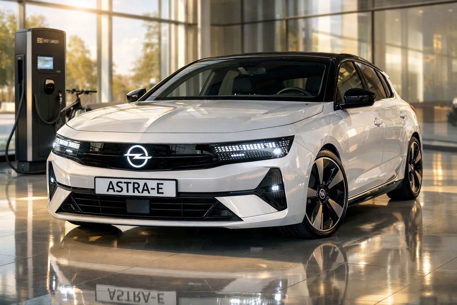 Carro elétrico Opel Astra-e branco estacionado junto a posto de carregamento dentro de edifício moderno.