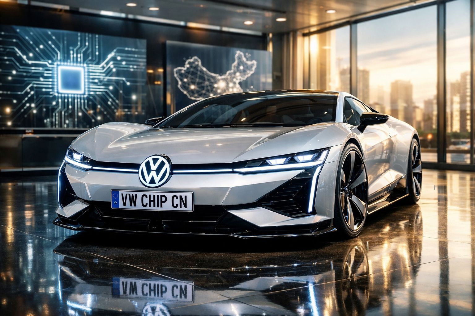 Carro desportivo elétrico Volkswagen branco estacionado numa sala moderna com reflexos no chão polido.