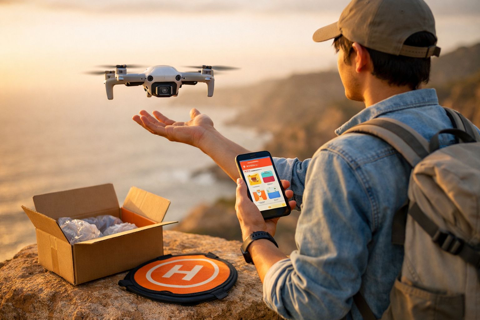 Pessoa com mochila controla drone a partir de um smartphone junto ao mar, numa rocha ao entardecer.