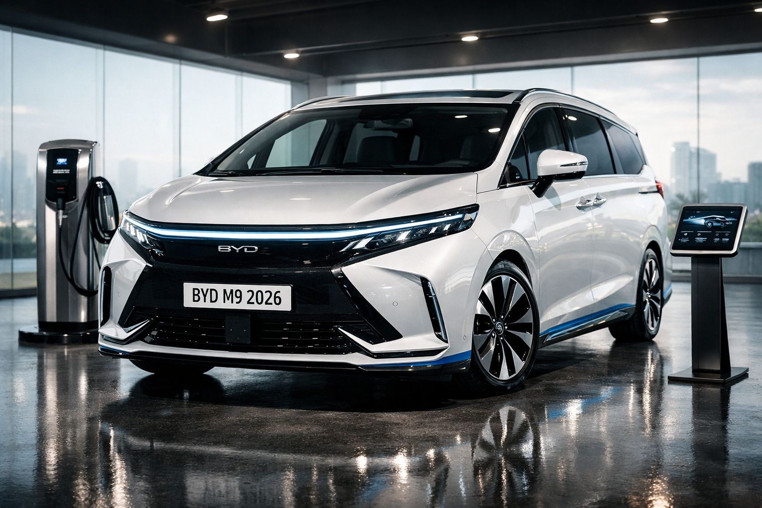Carrinha elétrica branca BYD M9 2026 estacionada em espaço interior junto a posto de carregamento.