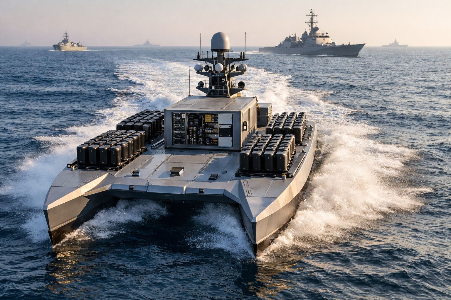 Navio militar não tripulado a alta velocidade no mar com outros navios de guerra ao fundo.