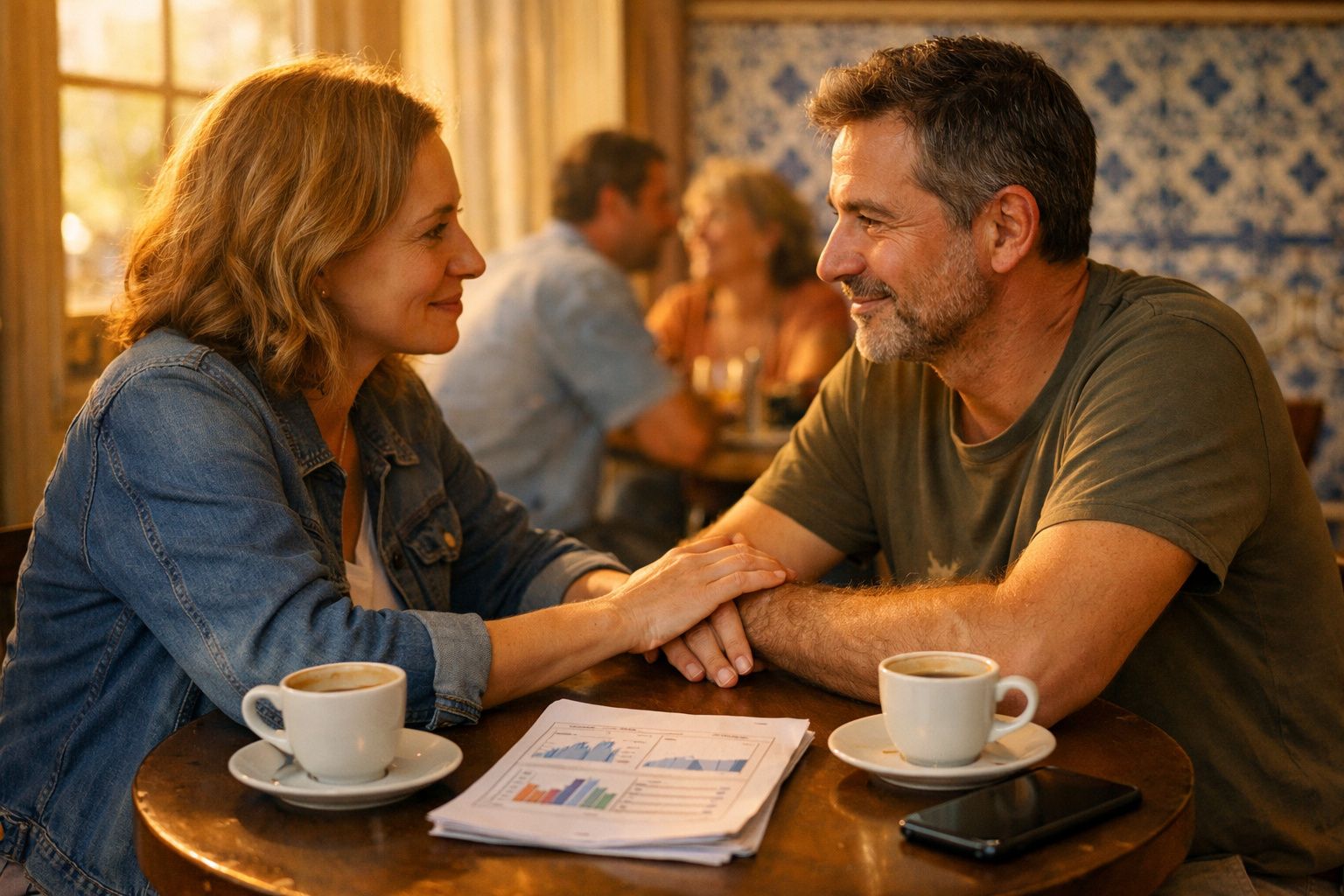 Casal sorridente a segurar nas mãos numa mesa de café com gráficos e duas chávenas de café.