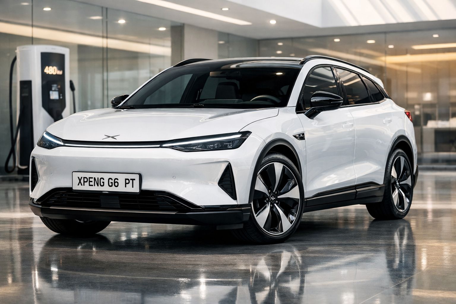 Carro elétrico branco XPeng G6 estacionado em ambiente interior moderno e iluminado.
