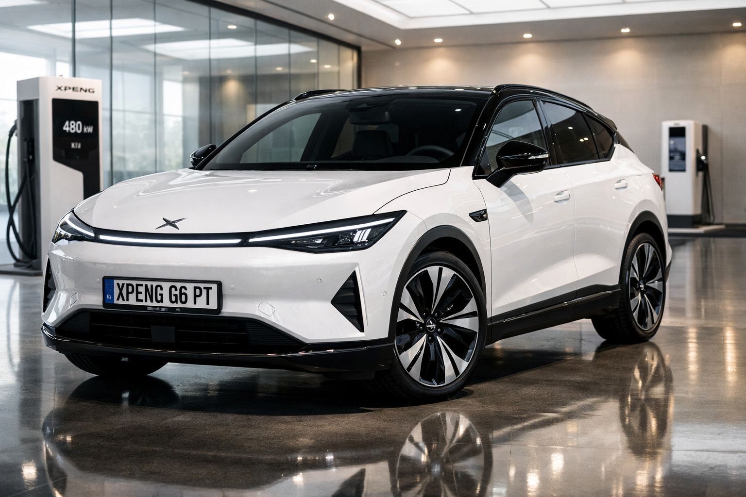 Carro elétrico branco XPeng G6 estacionado em interior com posto de carregamento ao fundo.