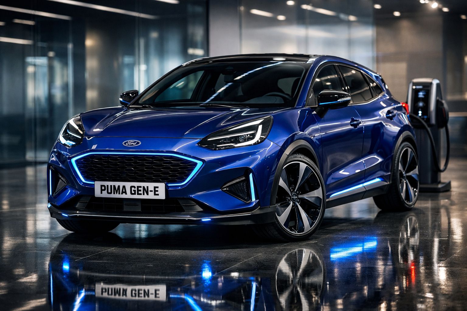 Carro elétrico Ford Puma GEN-E azul estacionado junto a posto de carregamento em ambiente moderno e iluminado.
