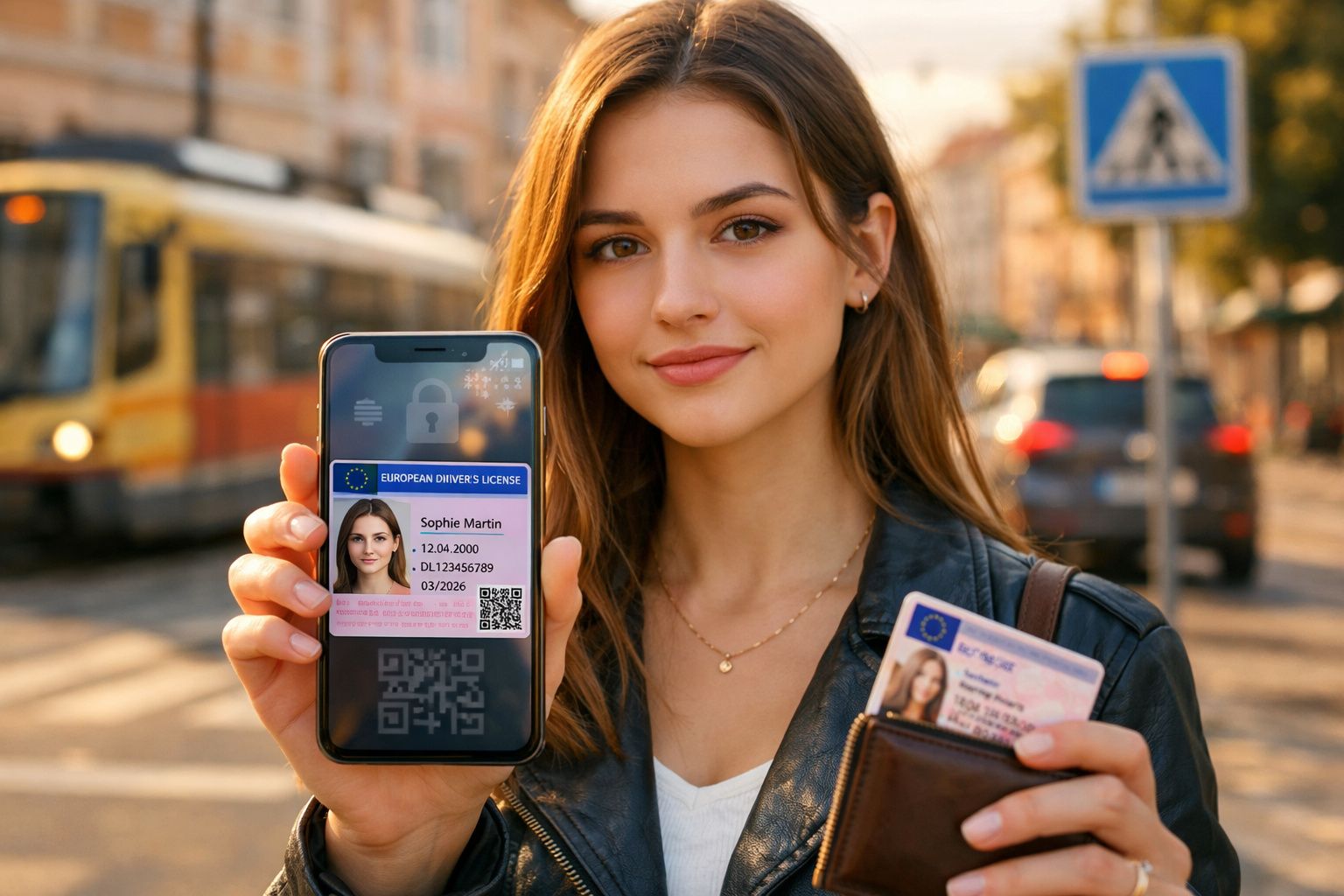 Mulher jovem mostra carta de condução europeia digital no telemóvel e a física numa carteira na rua.
