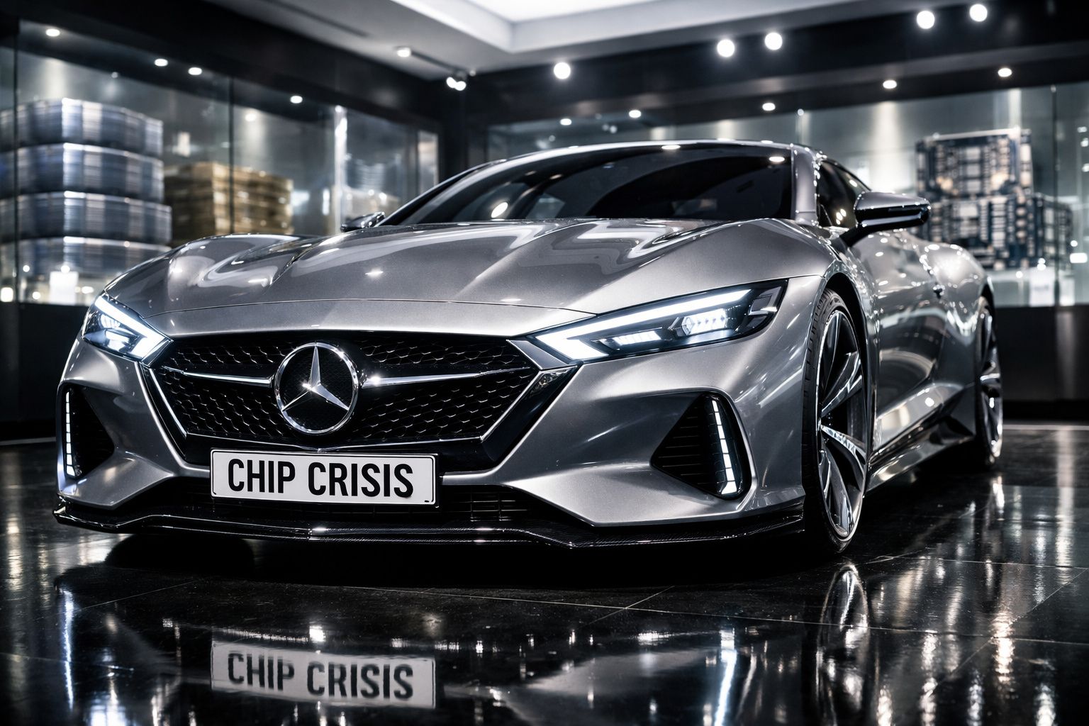 Carro desportivo Mercedes cinzento metálico, placa "CHIP CRISIS", em ambiente interior moderno e iluminado.