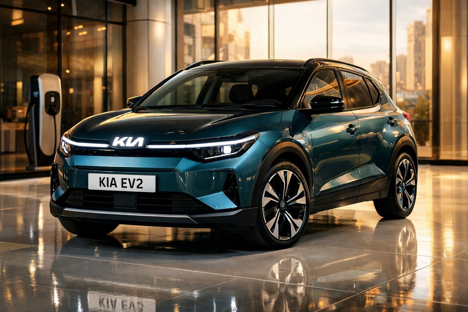 Carro elétrico Kia EV2 verde escuro estacionado em espaço interior moderno com carregador elétrico.