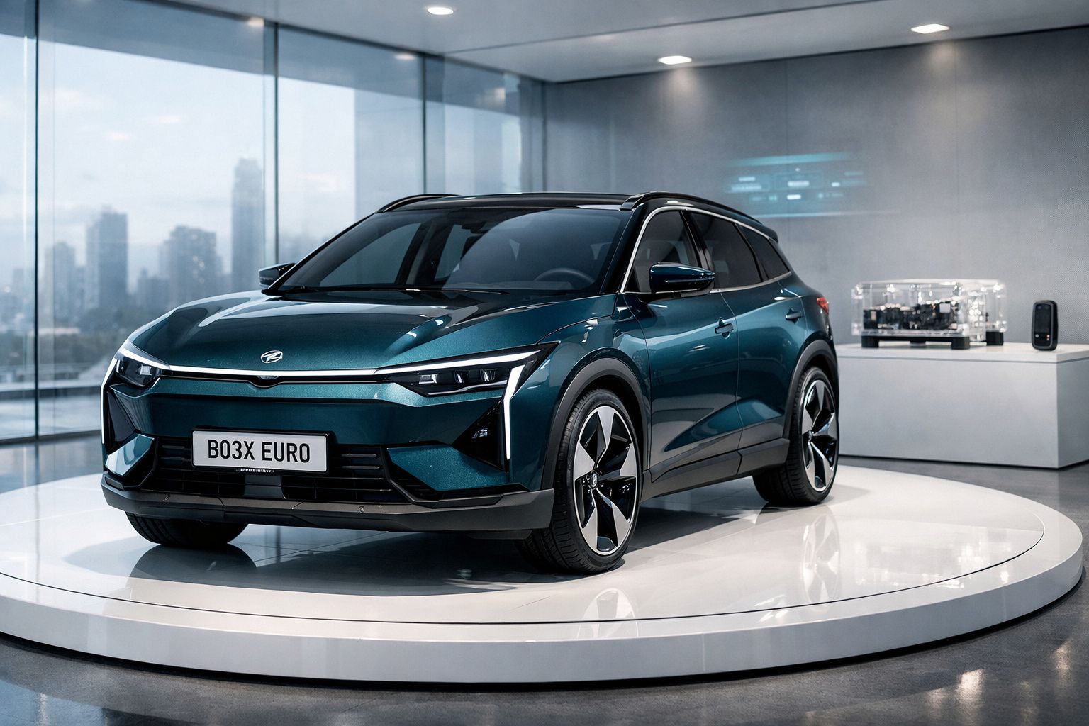 Automóvel elétrico moderno azul exibido em plataforma circular numa sala futurista com janelas grandes.