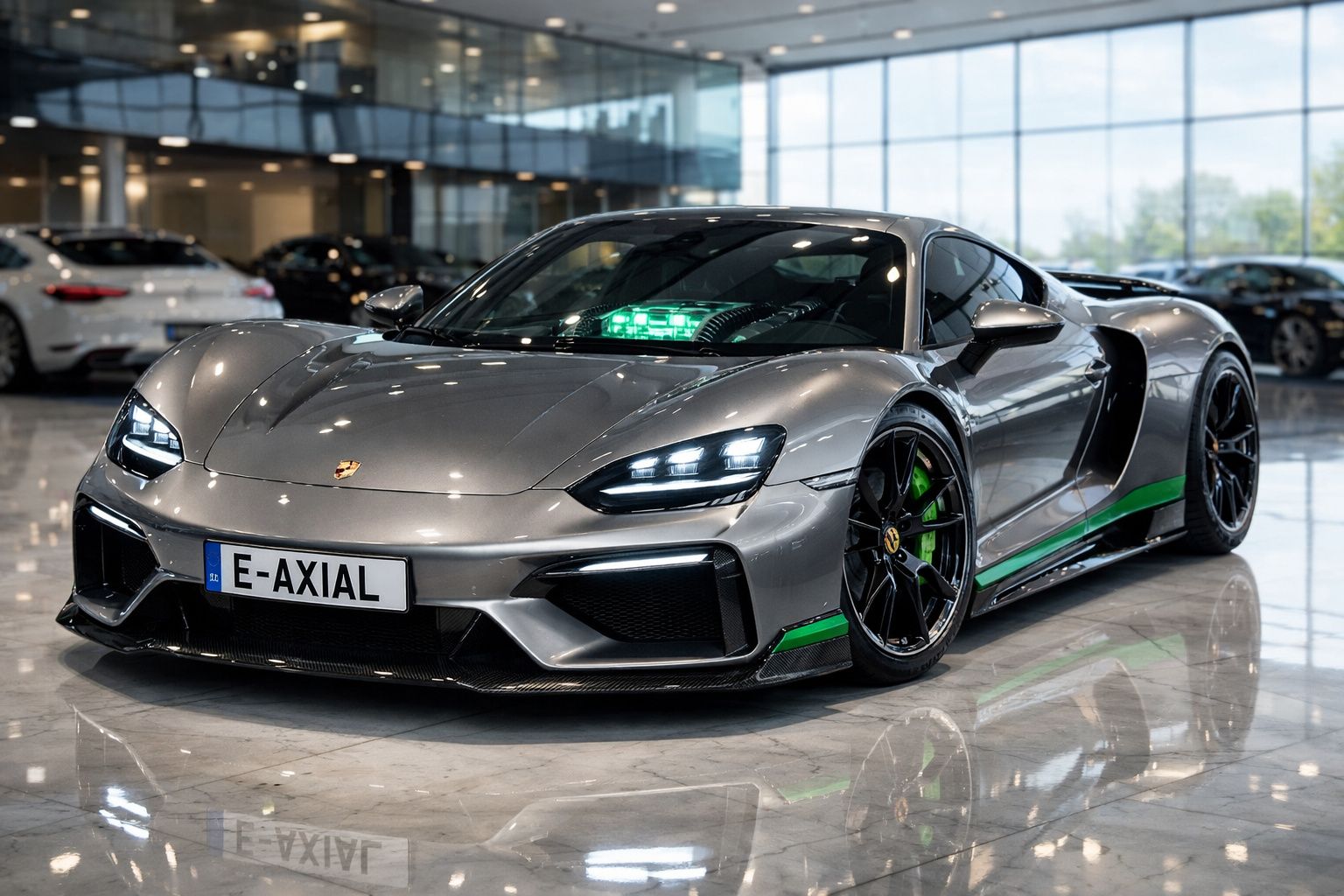 Carro desportivo cinzento metálico com detalhes verdes, estacionado em showroom moderno com piso refletivo.