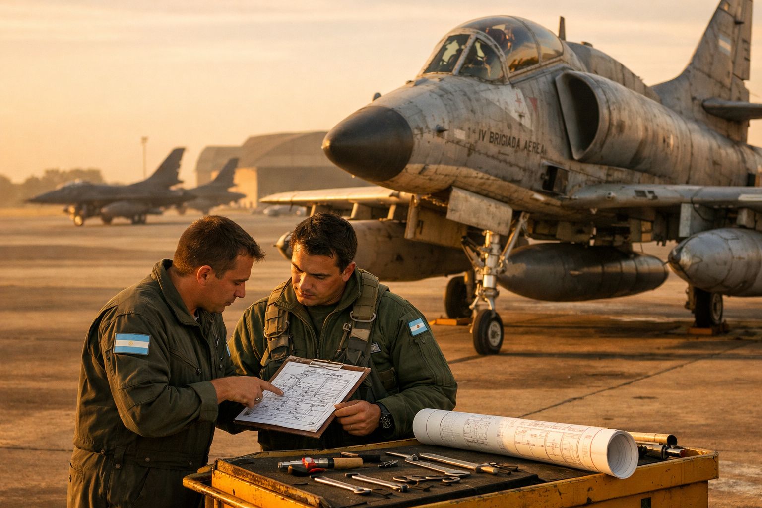 Dois pilotos militares com fardas discutem planos junto a um caça num aeródromo ao pôr do sol.