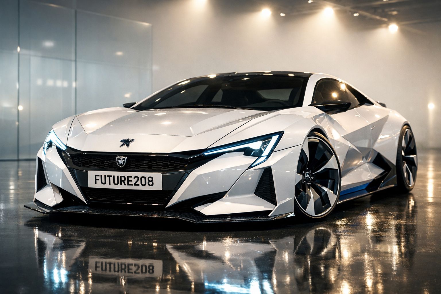 Carro desportivo branco futurista com desenho angular e faróis LED brilhantes num chão refletor.