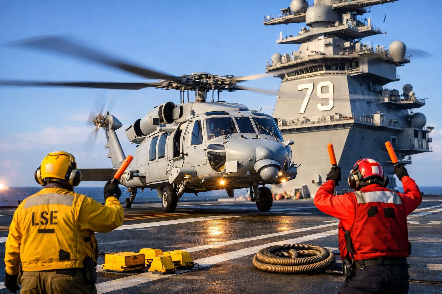 Helicóptero militar a aterragem num porta-aviões, assistido por dois operadores com coletes amarelo e vermelho.