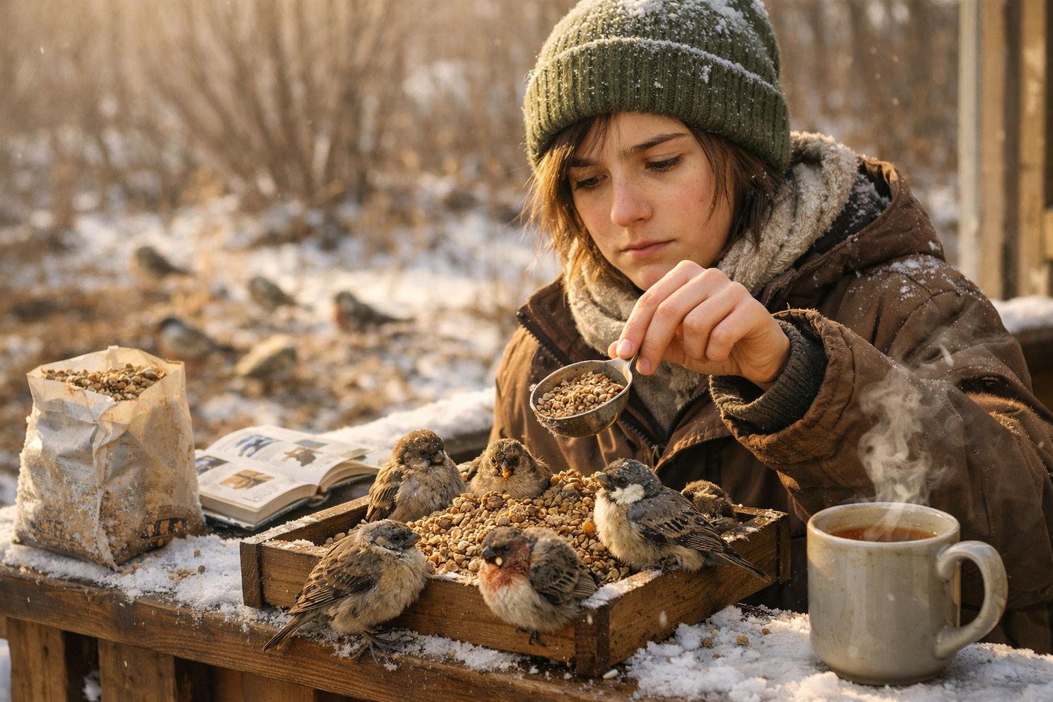 Jovem a alimentar pássaros com sementes num alimentador de madeira, com neve ao redor e chá quente perto.