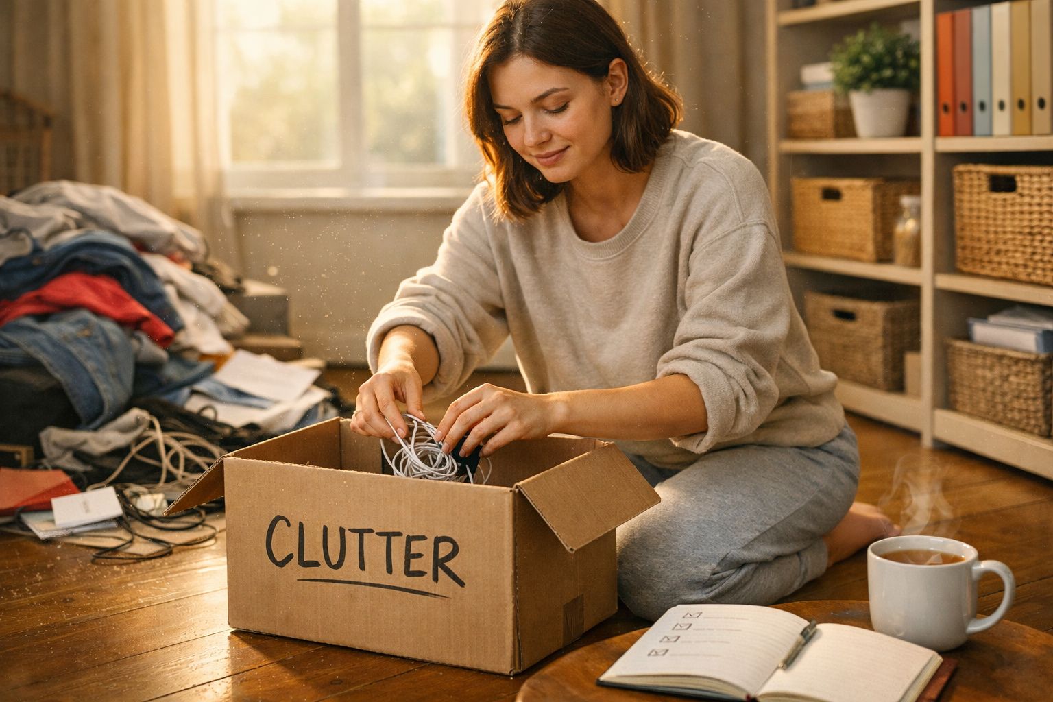 Mulher sentada no chão a organizar cabos num cartão com a palavra "Clutter" numa sala iluminada.