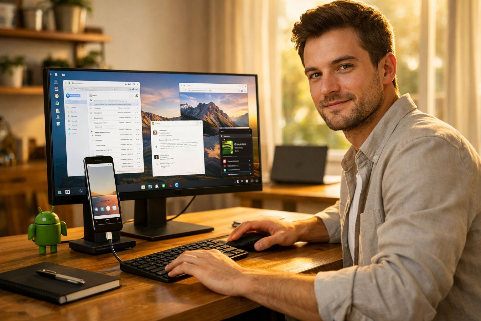 Homem jovem sorridente a trabalhar num computador de secretária com smartphone e figura do Android na mesa.