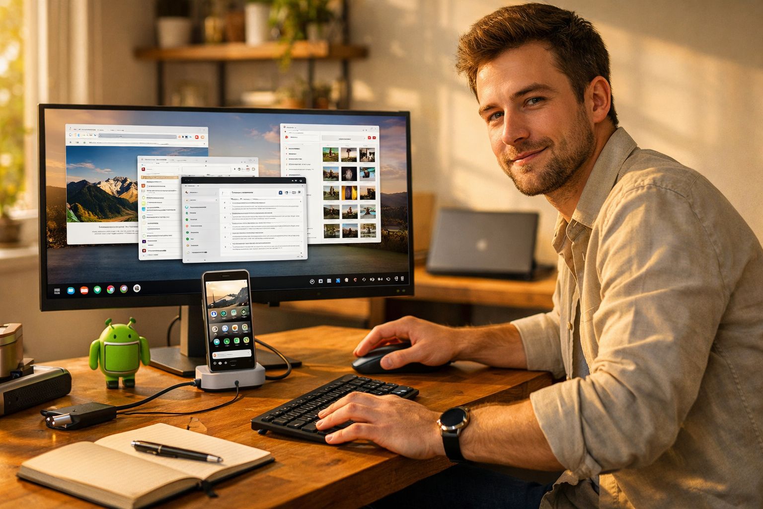 Homem sorridente trabalha num computador com vários ecrãs e um smartphone numa secretária organizada.