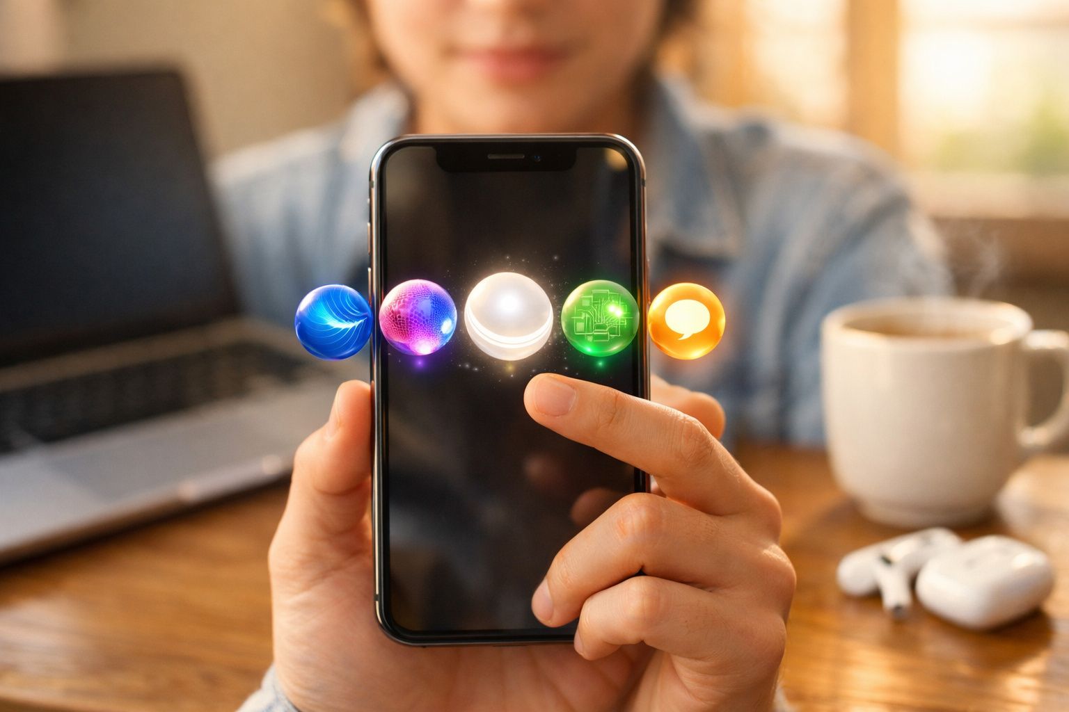 Pessoa a usar smartphone com ícones coloridos flutuantes em ambiente de trabalho com portátil e café.