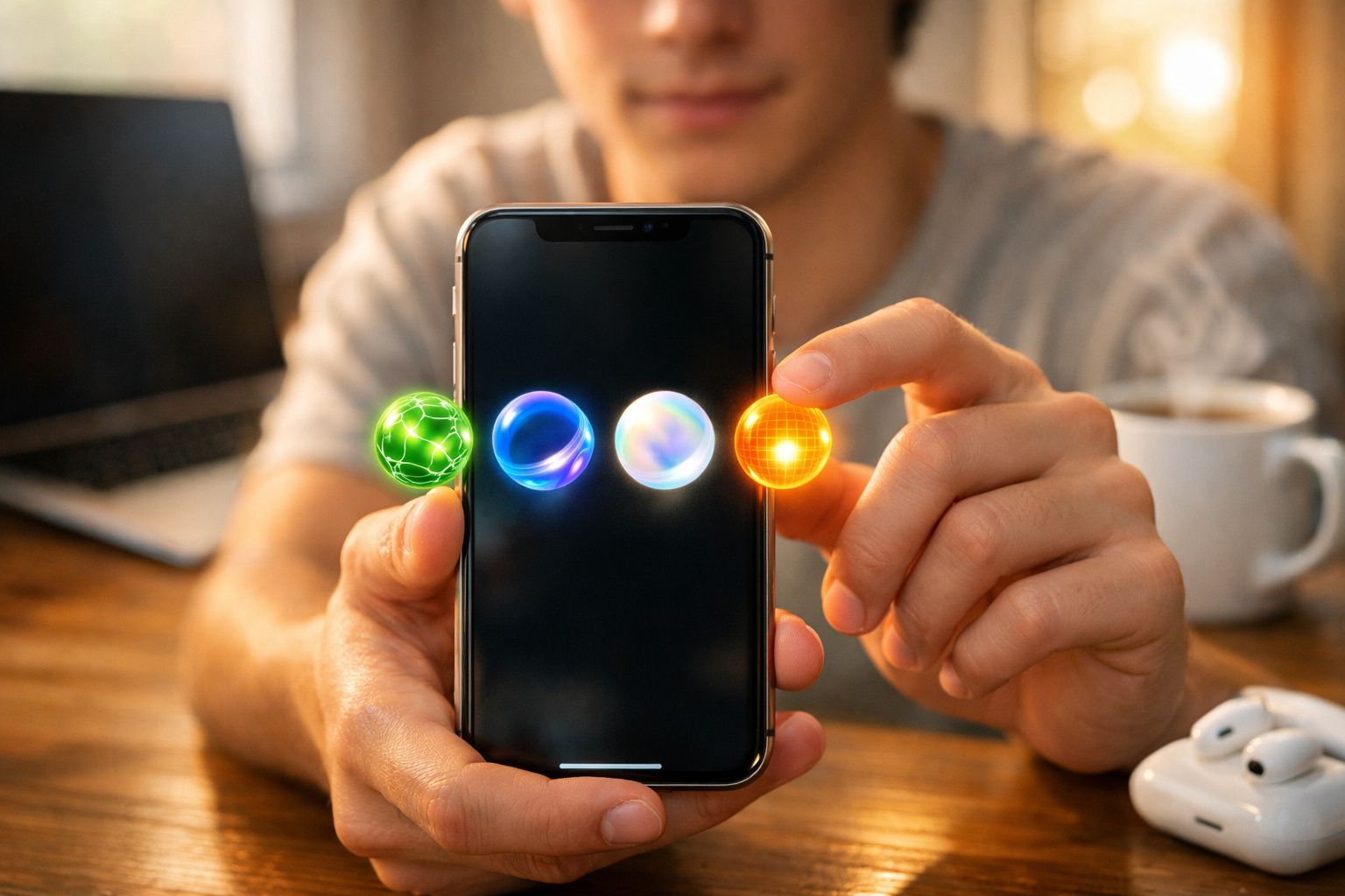 Pessoa segurando smartphone com quatro esferas coloridas virtuais a flutuar à frente do ecrã.