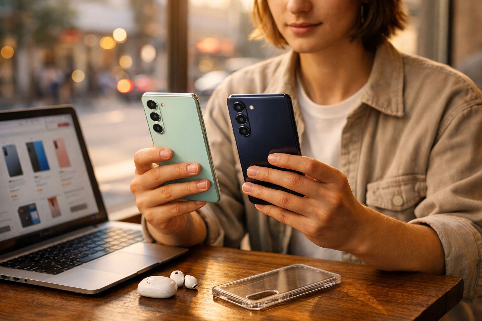 Pessoa sentada a segurar dois telemóveis em tons pastel, com computador portátil e auscultadores sobre mesa de madeira.