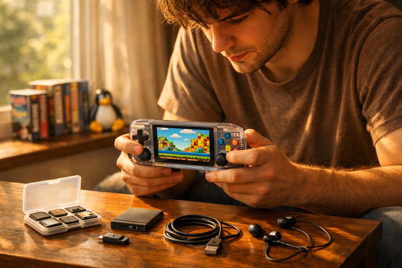 Homem a jogar videojogo numa consola portátil transparente, com acessórios sobre a mesa de madeira.