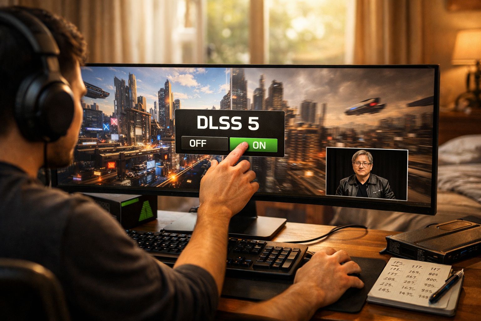 Pessoa ativa opção DLSS 5 no ecrã ultra-wide com jogo futurista numa secretária com teclado e caderno.