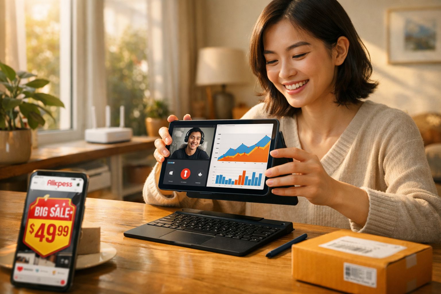Mulher em videoconferência mostra tablet com gráficos de vendas, ao lado de smartphone com promoção e caixa de encomenda.