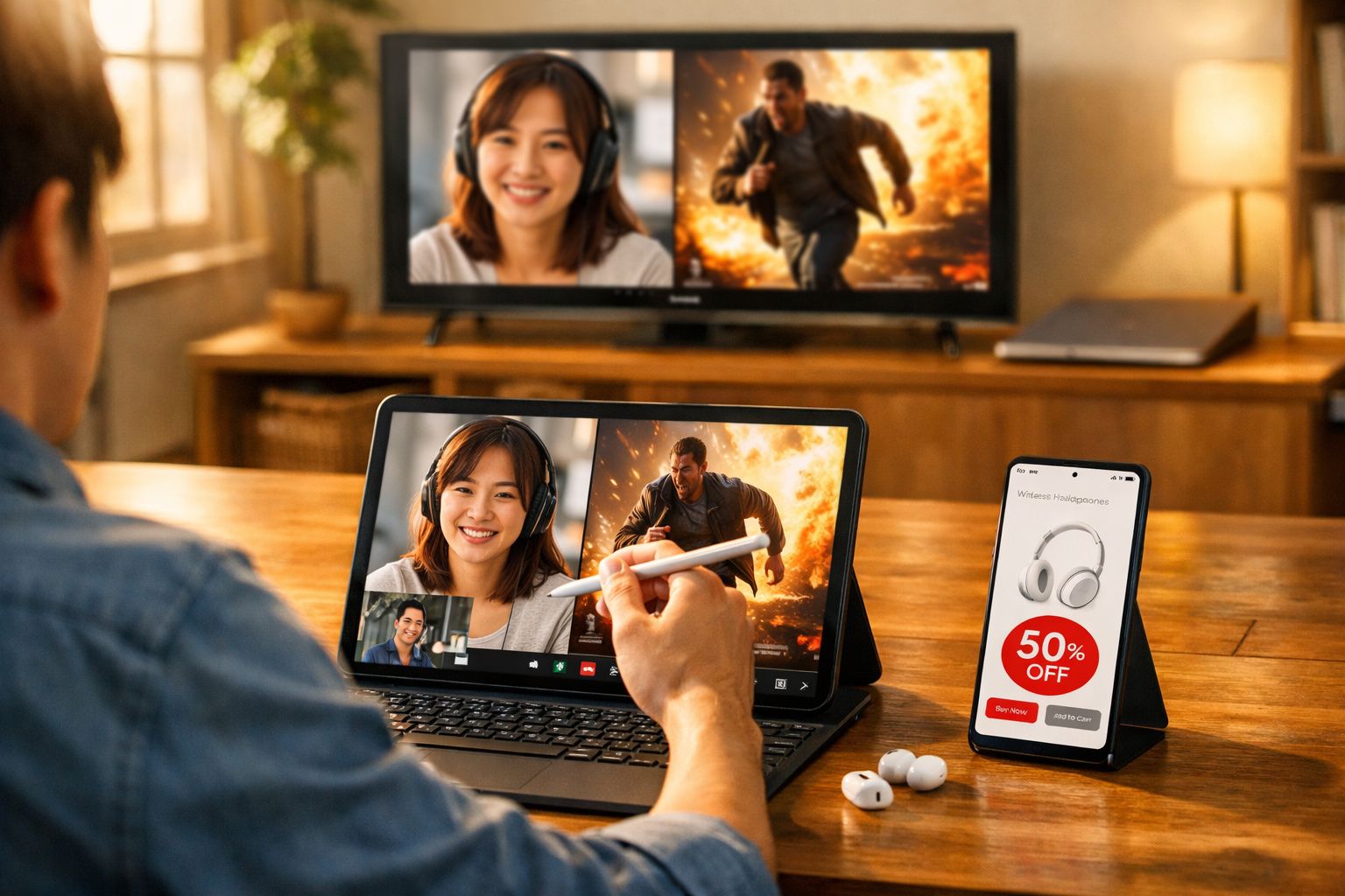 Pessoa em videochamada num tablet, com fones e promoção de auscultadores sem fios ao lado.