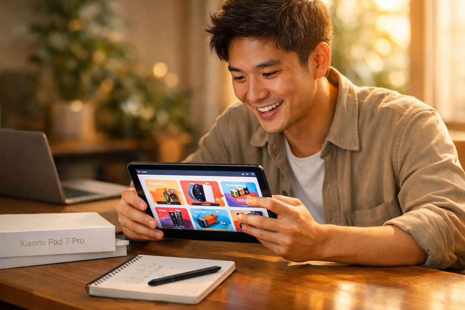 Homem sorridente usando tablet Xiaomi Pad 7 Pro numa mesa com caderno e caixa do produto.