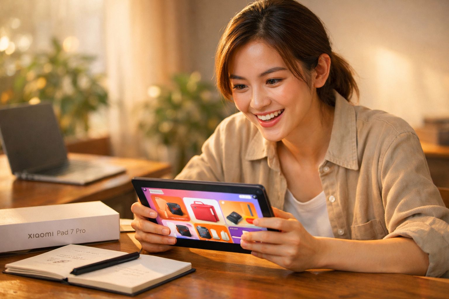 Mulher sorridente a usar um tablet Xiaomi Pad 7 Pro numa mesa com caderno e portátil ao fundo.