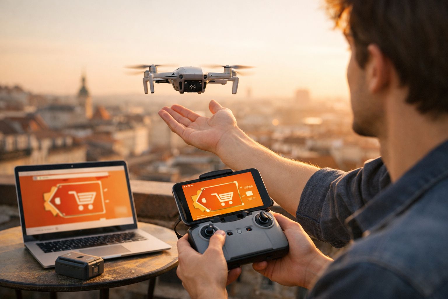 Homem controla drone num terraço ao pôr do sol, com computador e comando de voo visíveis.
