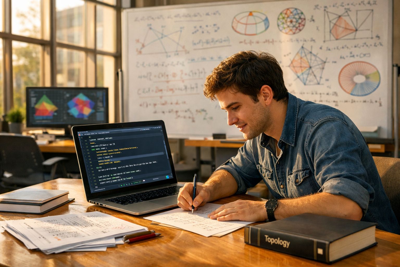 Jovem a escrever em caderno com computador e quadro branco cheio de fórmulas e gráficos atrás.