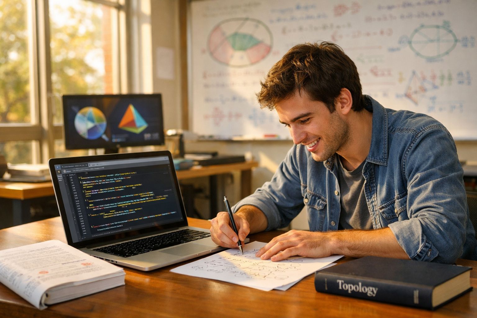 Homem a estudar matemática com código no computador e desenhos em papel numa mesa com livros e quadro branco.