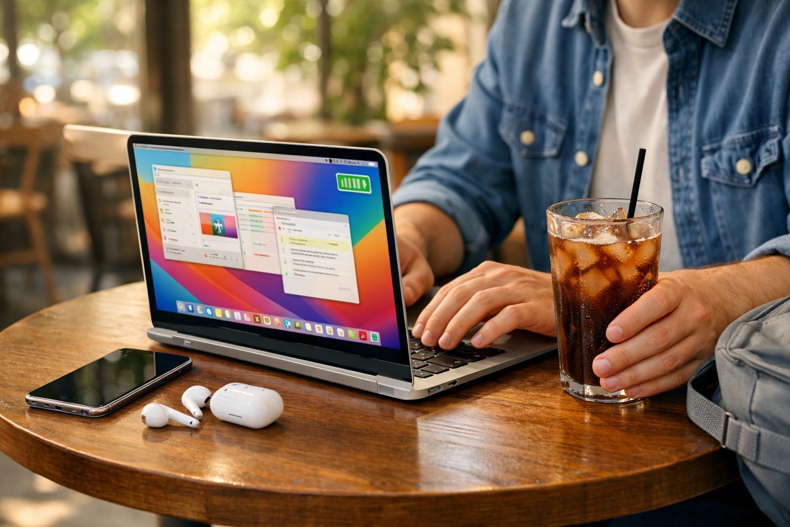 Pessoa a usar portátil num café com telemóvel, auscultadores e bebida com gelo numa mesa de madeira.