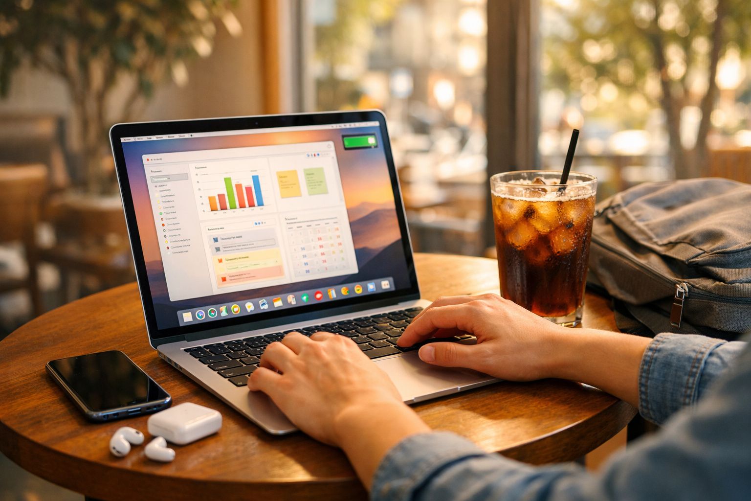 Pessoa a trabalhar num portátil numa mesa redonda com um copo de refrigerante, telemóvel e auriculares sem fios.