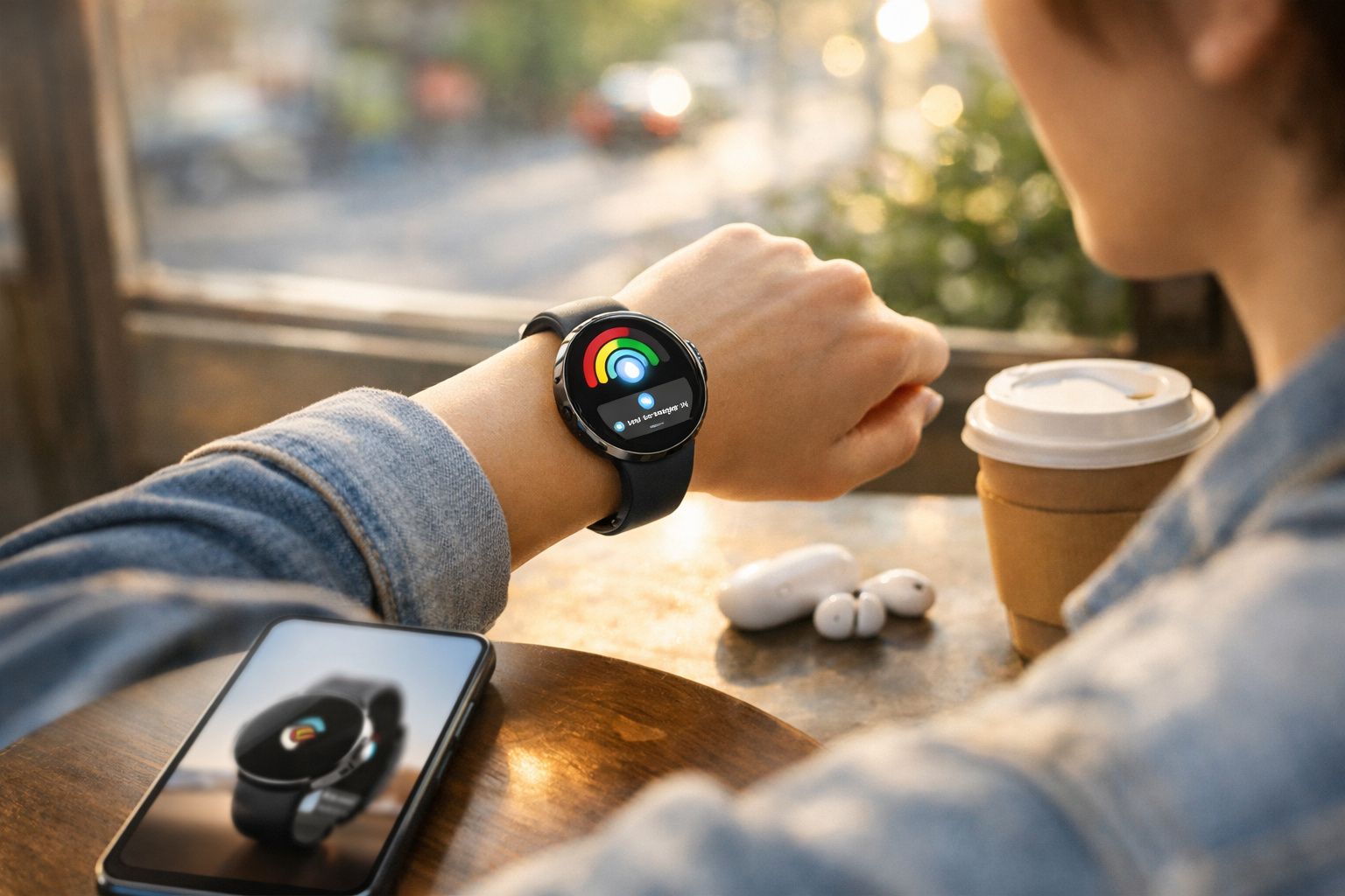 Pessoa a usar smartwatch com monitorização de atividades físicas, ao lado de telemóvel, auriculares e café num café.