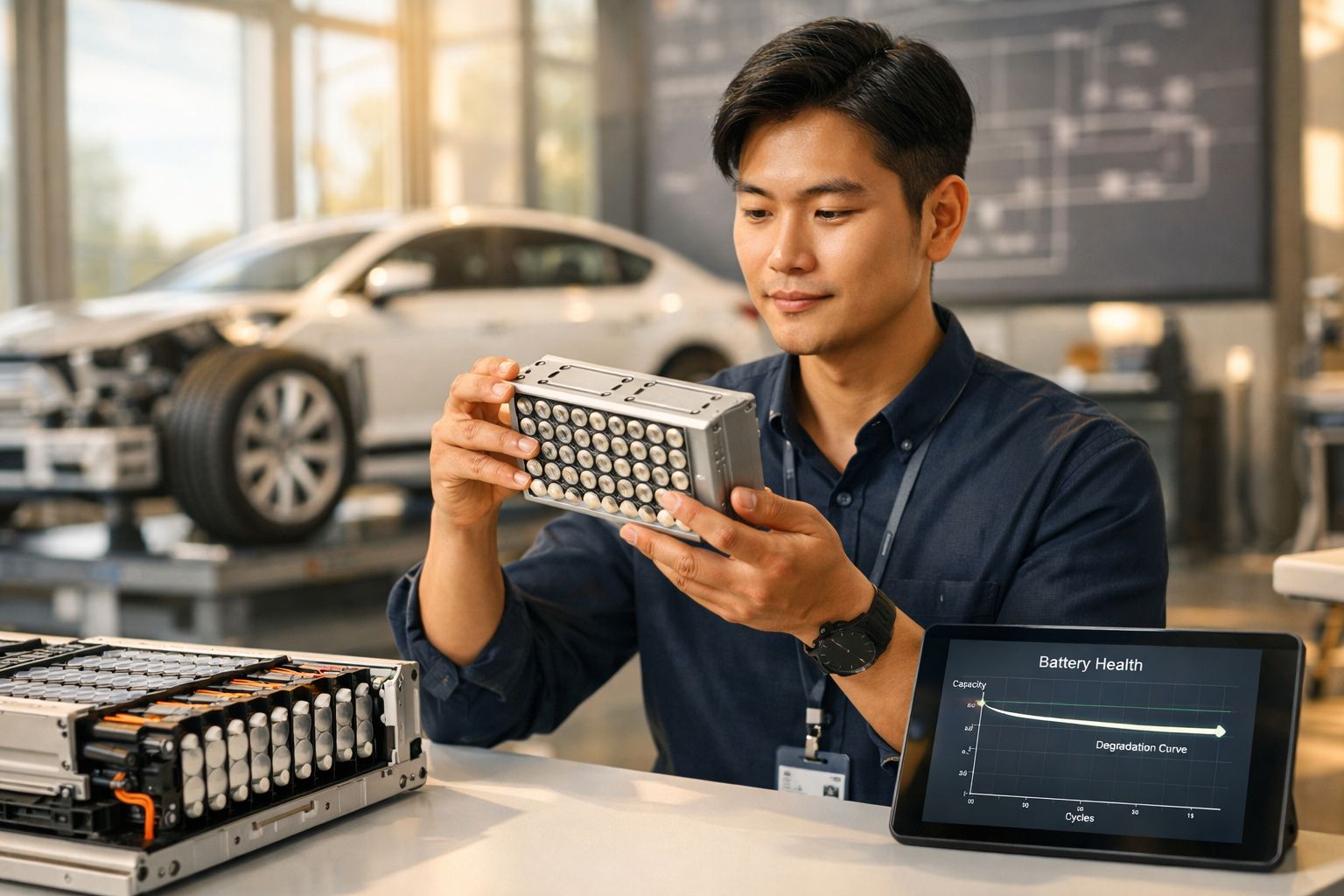 Homem inspeciona bateria de carro elétrico num oficina com veículo ao fundo e gráfico da saúde da bateria no computador.