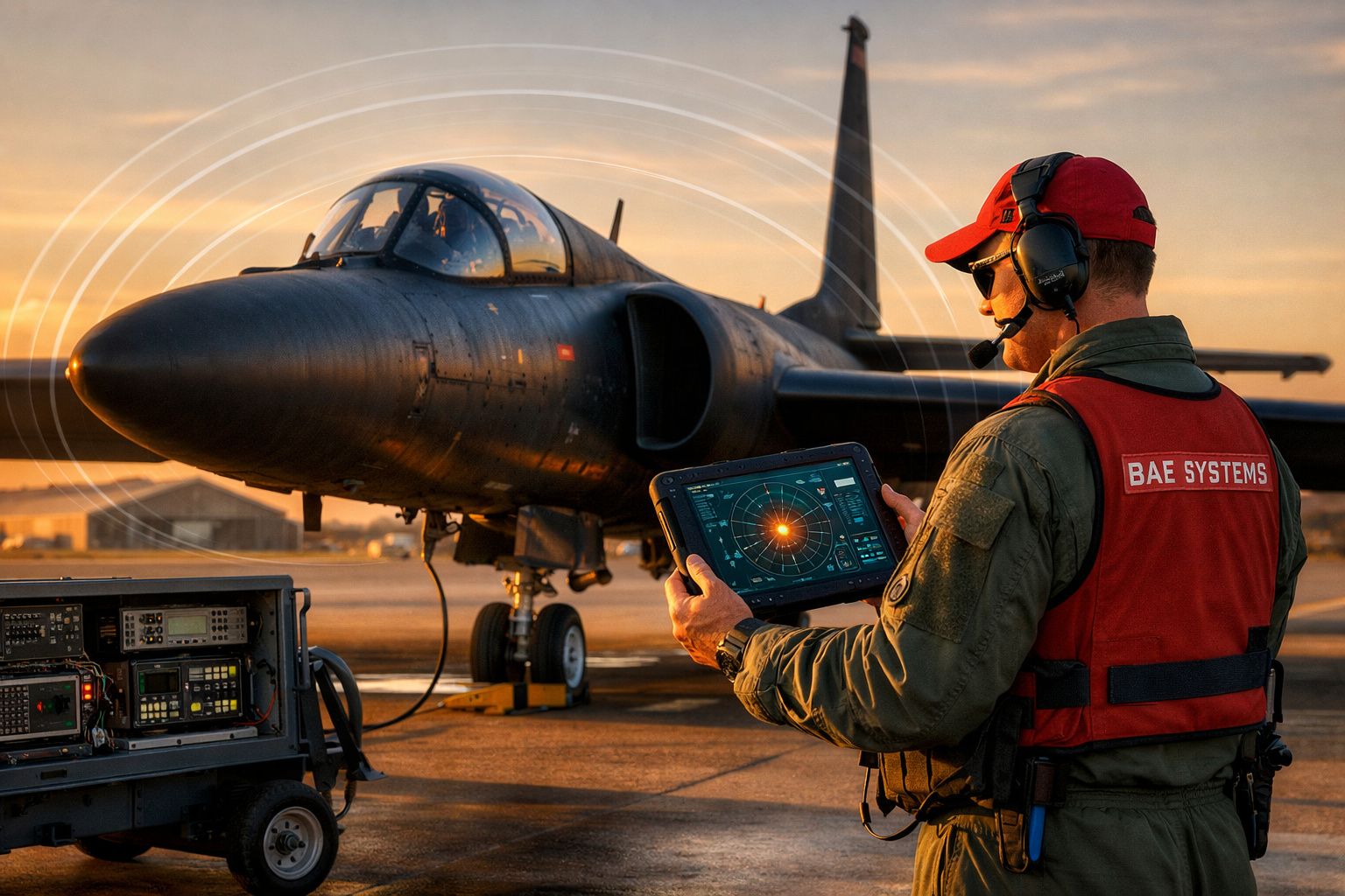 Técnico com tablet a operar radar junto a avião militar preto numa plataforma ao pôr do sol.