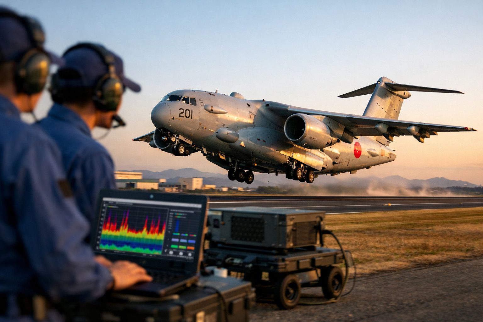 Dois técnicos monitorizam dados num computador enquanto um avião militar descola ao pôr do sol.