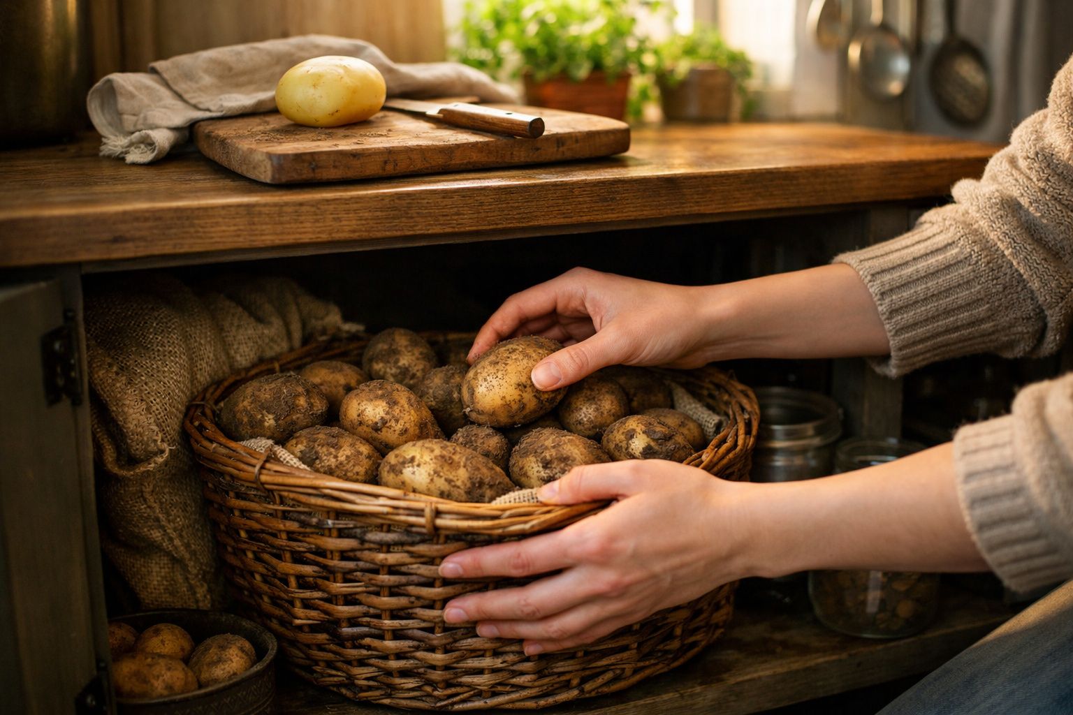 Mãos a retirar batatas sujas de uma cesta de verga num armário de cozinha rústico.