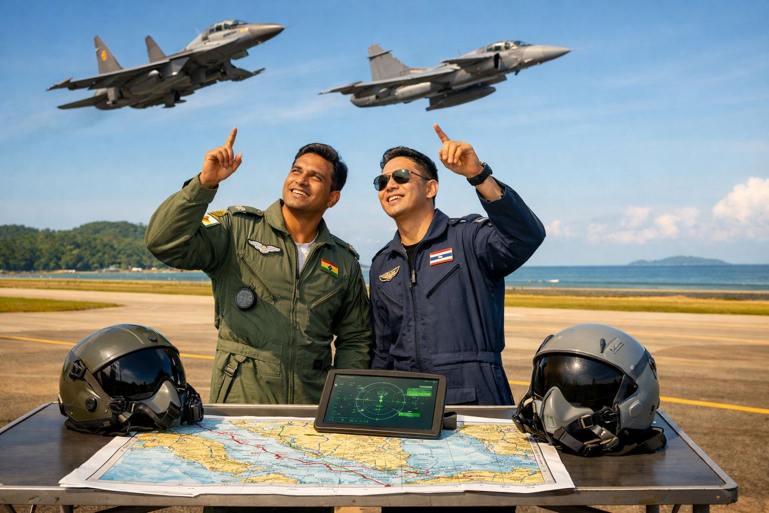 Dois pilotos em fato de voo apontam para dois jatos militares a voar sobre uma pista, com mapa e capacetes à frente.
