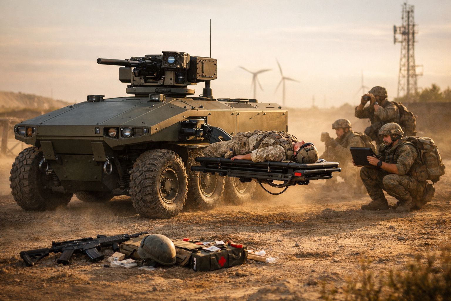 Veículo militar não tripulado resgata soldado ferido num cenário árido com soldados e turbinas eólicas ao fundo.
