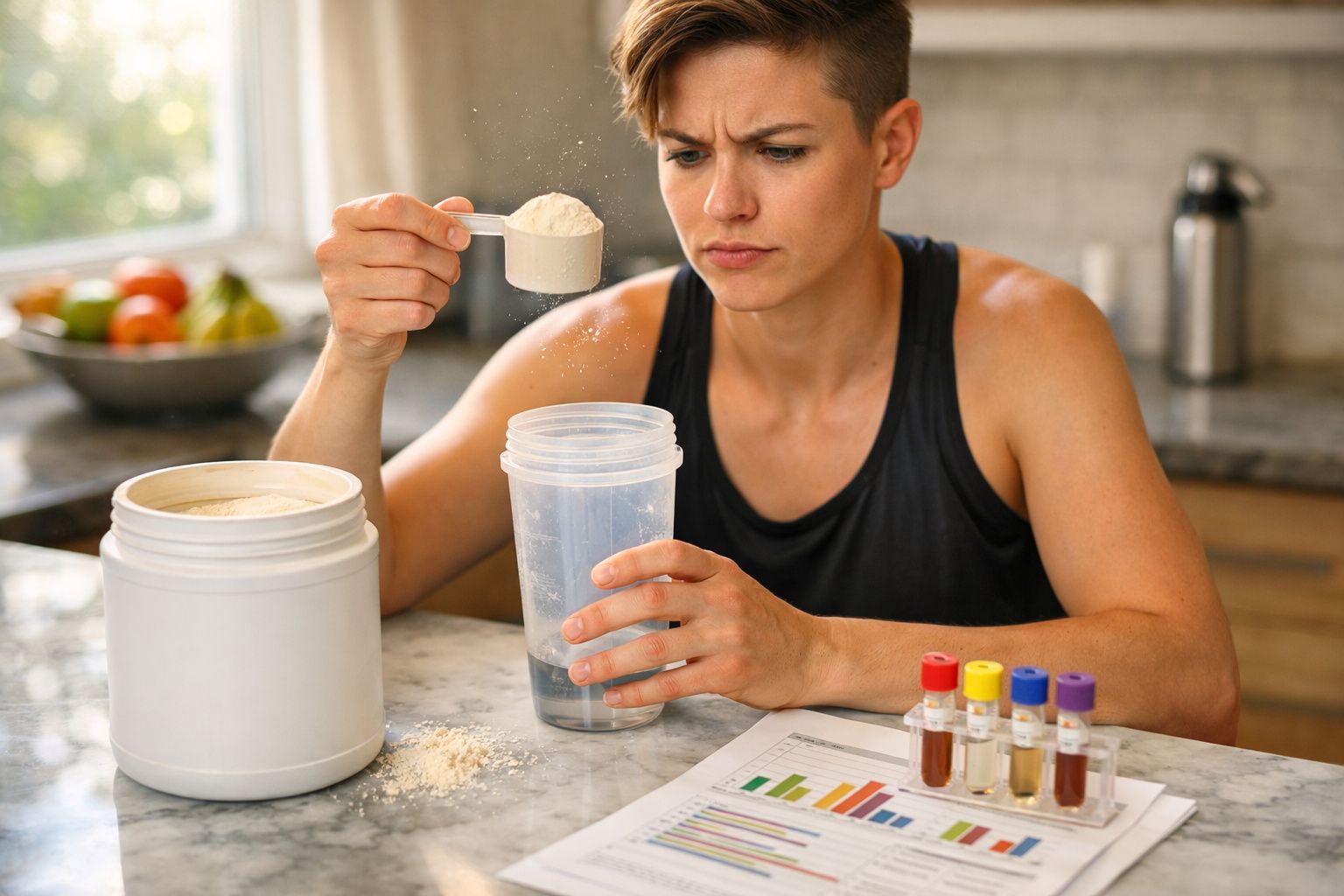 Pessoa com expressão concentrada a medir suplemento em pó para misturar em shaker transparente numa cozinha.