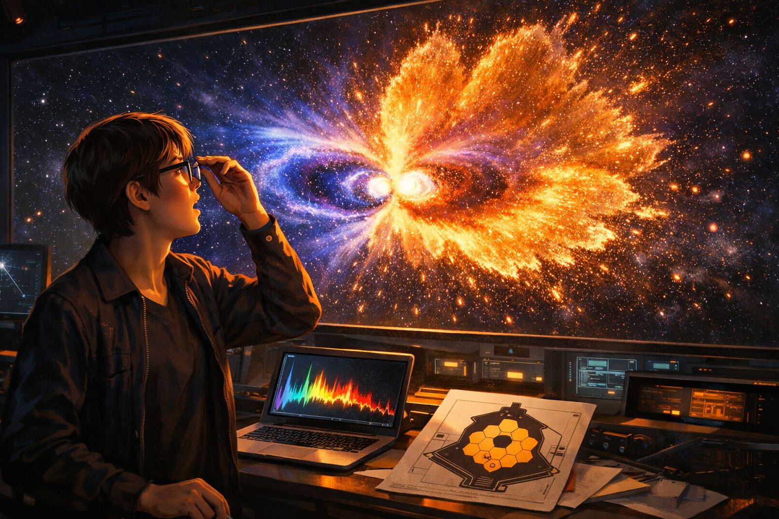 Pessoa observa através de óculos fenómenos cósmicos coloridos com fusão e equipamentos científicos em primeiro plano.