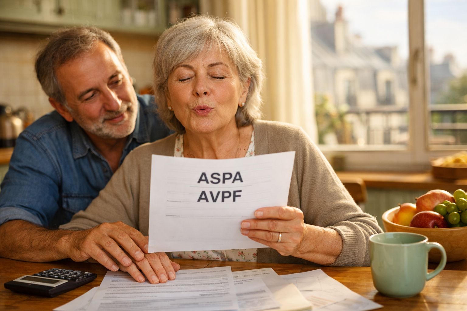 Casal sénior sentado à mesa, mulher a ler e pronunciar um cartão de letras em casa iluminada.