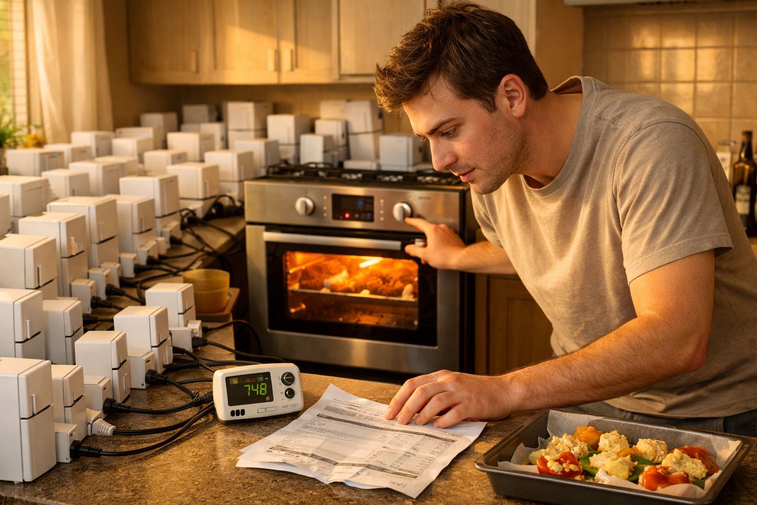 Homem a verificar forno enquanto cozinha na cozinha com múltiplos temporizadores ligados na bancada.