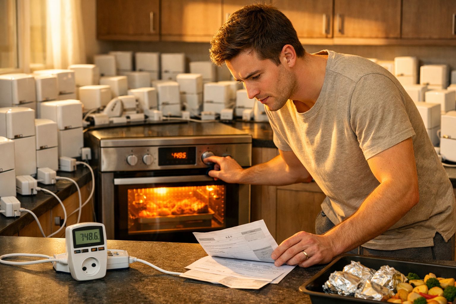 Homem ajusta forno enquanto consulta contas, com vários medidores elétricos numa cozinha.