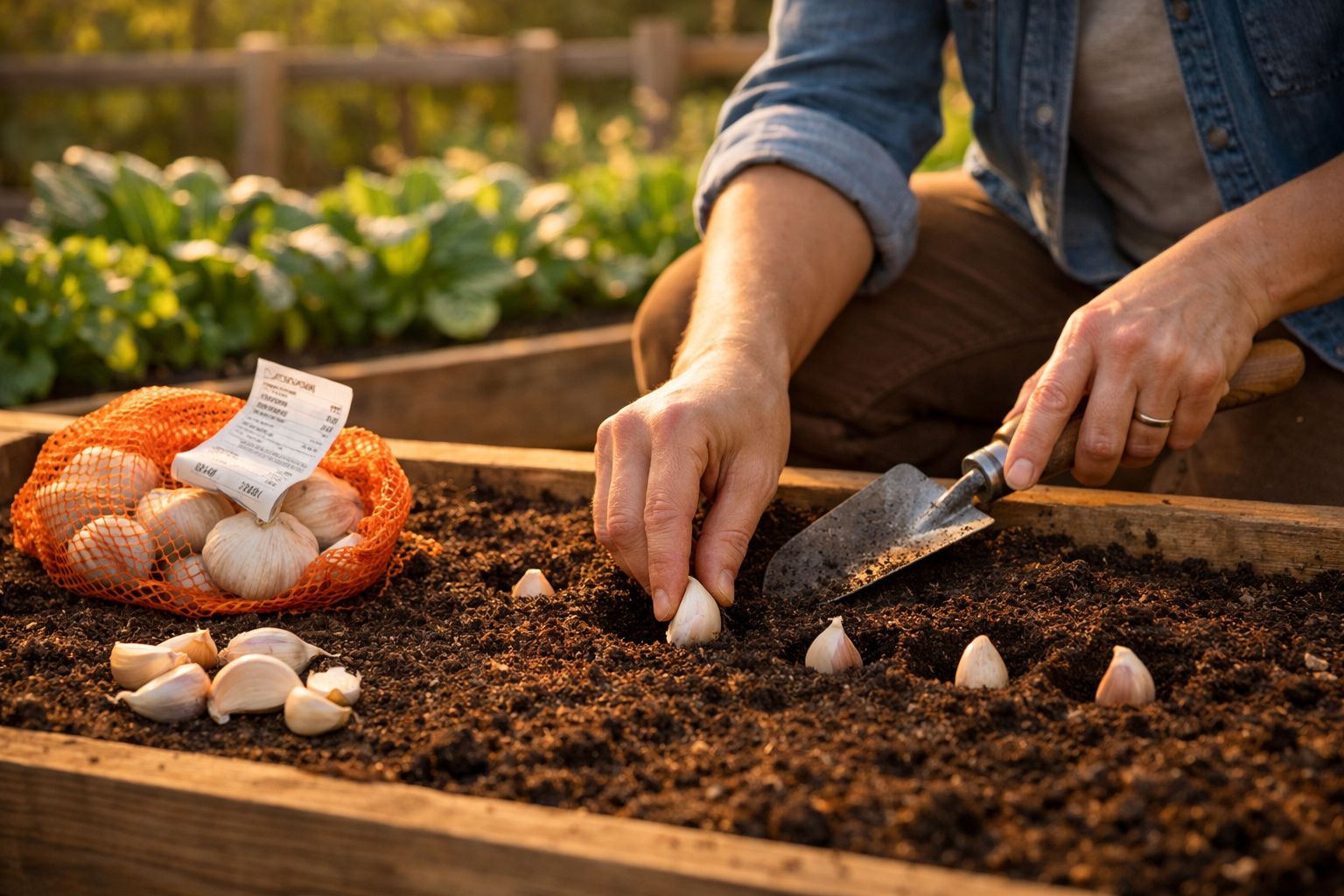 Pessoa a plantar dentes de alho em canteiro de terra com enxada pequena, sacos de alho ao lado.