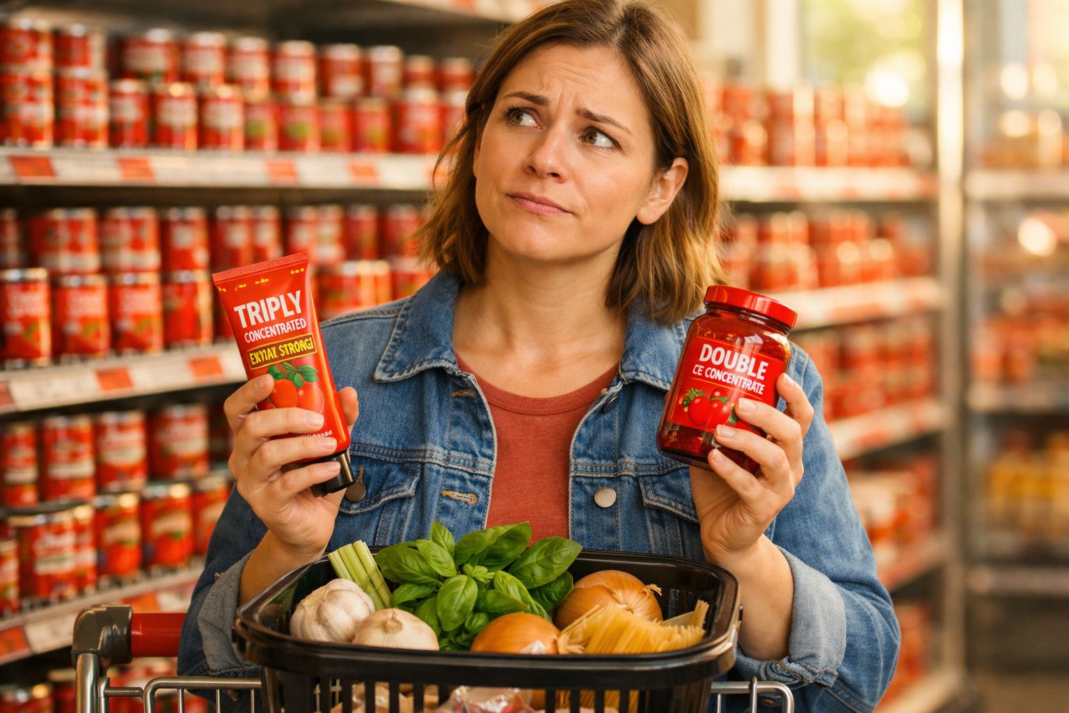 Mulher em supermercado indecisa entre concentrados de tomate, com cesta cheia de legumes e massas.