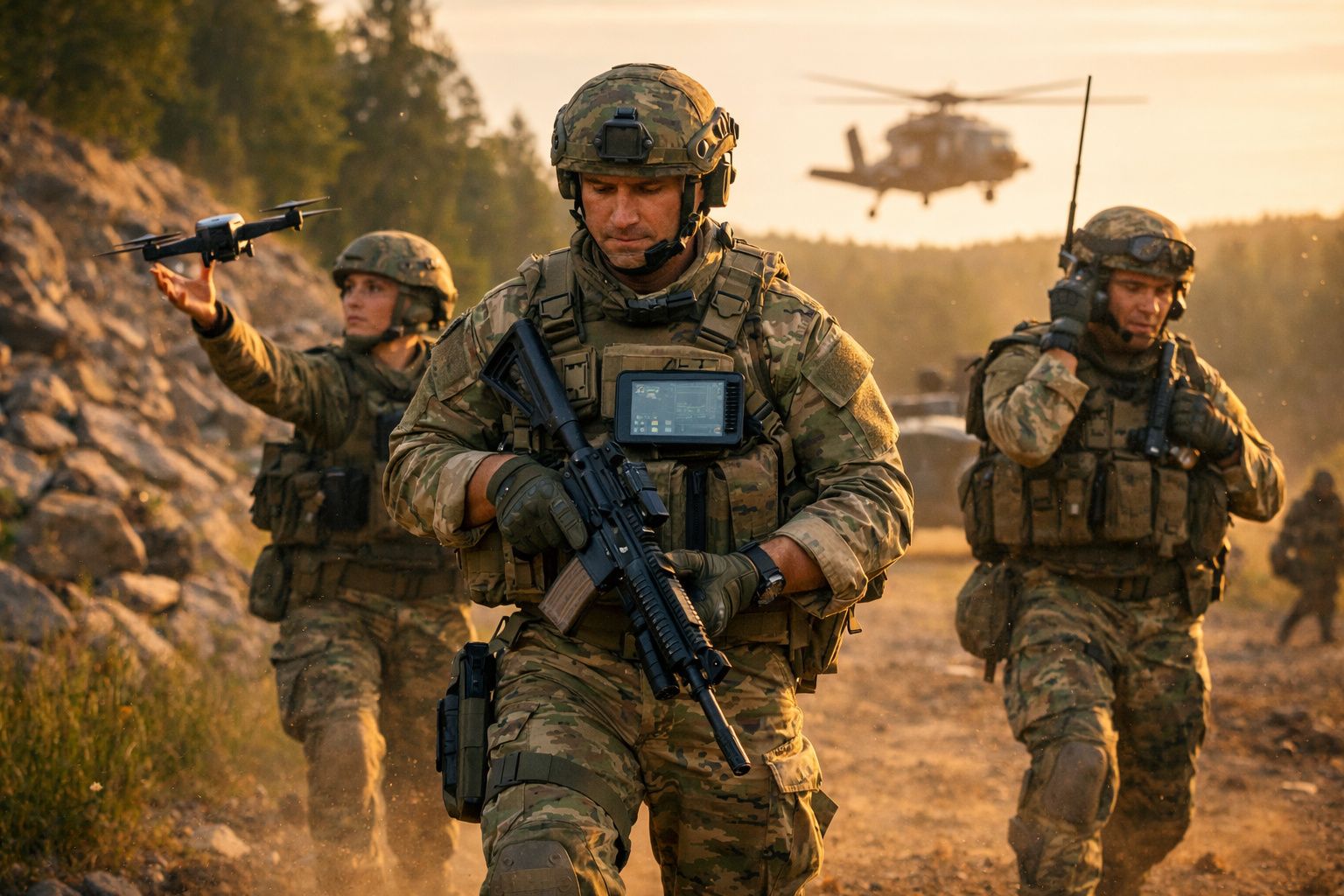 Soldados em uniforme tático com armamento, drone e helicóptero ao fundo durante missão ao pôr do sol.